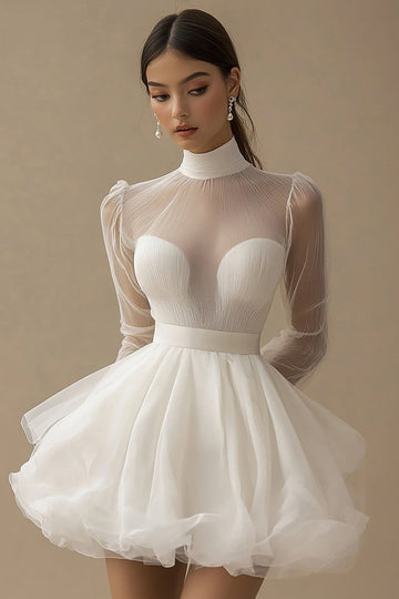 Puffy White A Line Illusion Neck Tulle Graduation Dress with Long Sleeves